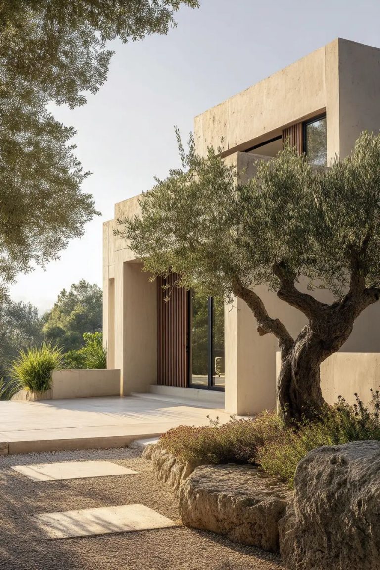 Casa moderna de fachada clara y líneas rectas, con un olivo y un jardín de piedra a pleno sol