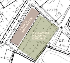 Plano urbanístico de la parcela 1066 en Armiñón, Álava, con área de implantación residencial y zona verde privada no edificable.