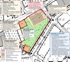 Plano urbanístico de parcela 1403 en Armiñón con área de implantación bifamiliar, zona verde privada y construcciones existentes.