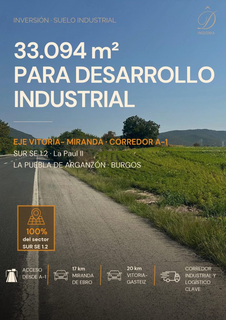 Portada comercial de suelo industrial en Burgos, sector La Paul II, con 33.094 m² para desarrollo industrial en La Puebla de Arganzón.