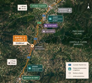 Mapa de ubicación del suelo industrial La Paul II en La Puebla de Arganzón, Burgos, junto a la A-1 y próximo a Vitoria-Gasteiz y Miranda de Ebro.