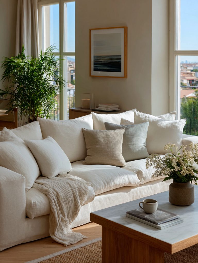 Salón con sofá blanco, mesa de centro de madera y grandes ventanales que aprovechan la luz natural