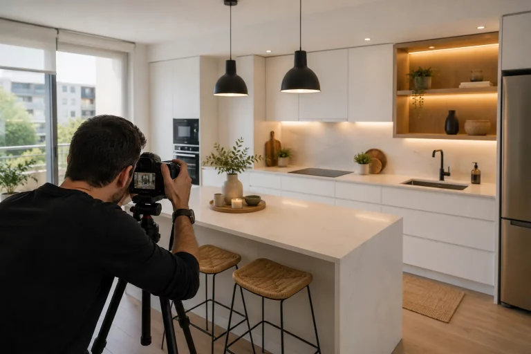 Fotógrafo con trípode haciendo fotos de una cocina blanca reformada para el anuncio de venta de la vivienda