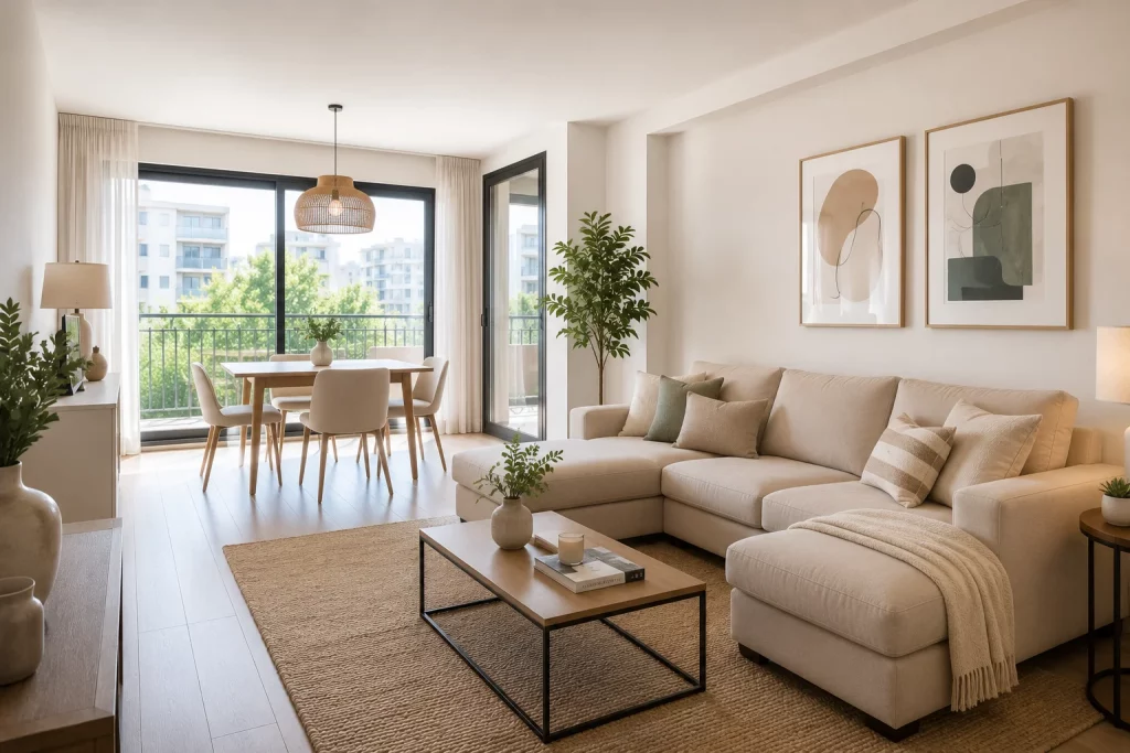 Salón preparado mediante Home Staging para aumentar el valor de una vivienda.