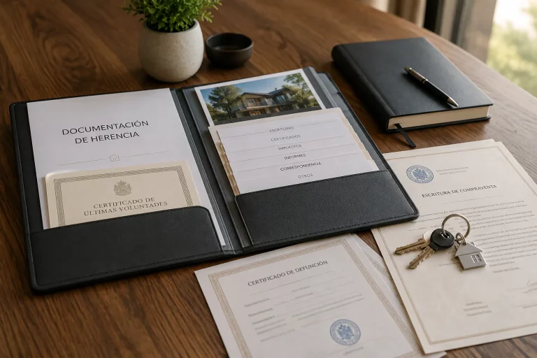 Carpeta con documentación de herencia, llaves de una vivienda, escrituras y certificados perfectamente organizados sobre una mesa de madera. Fotografía editorial de alta calidad.