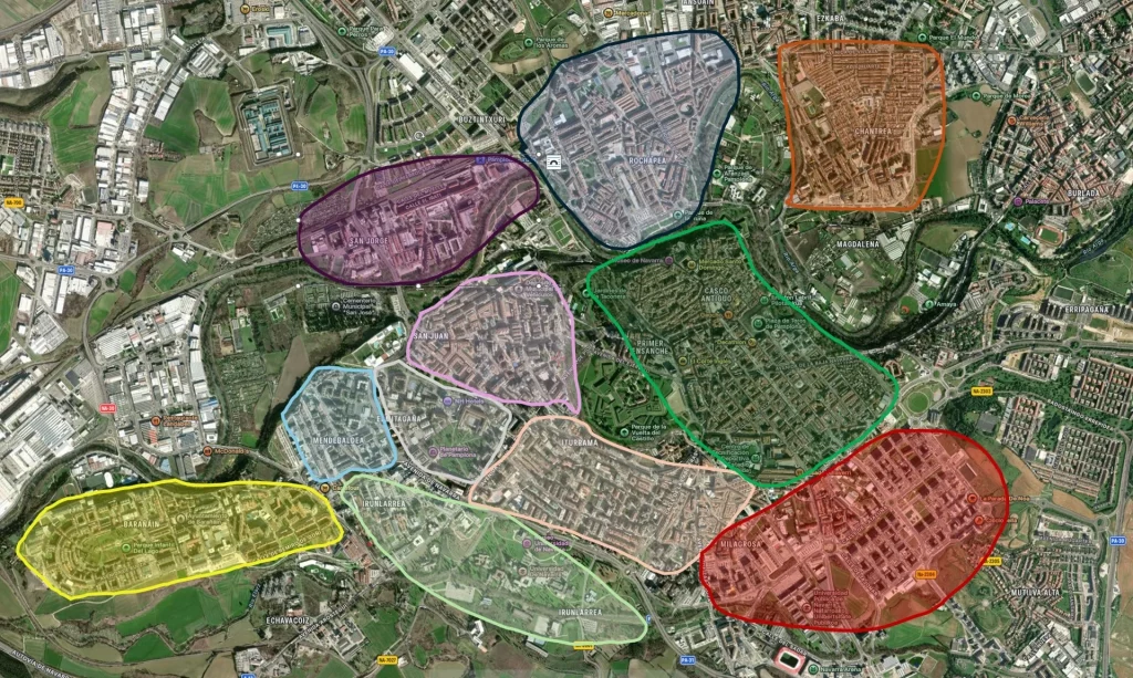 Vista aérea de los principales barrios de Pamplona para comprar o vender una vivienda.