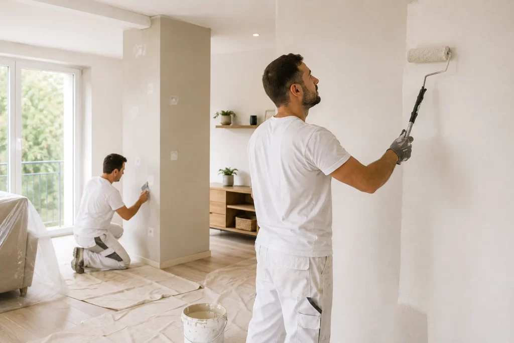 Pintores profesionales trabajando en la reforma de una vivienda en Pamplona