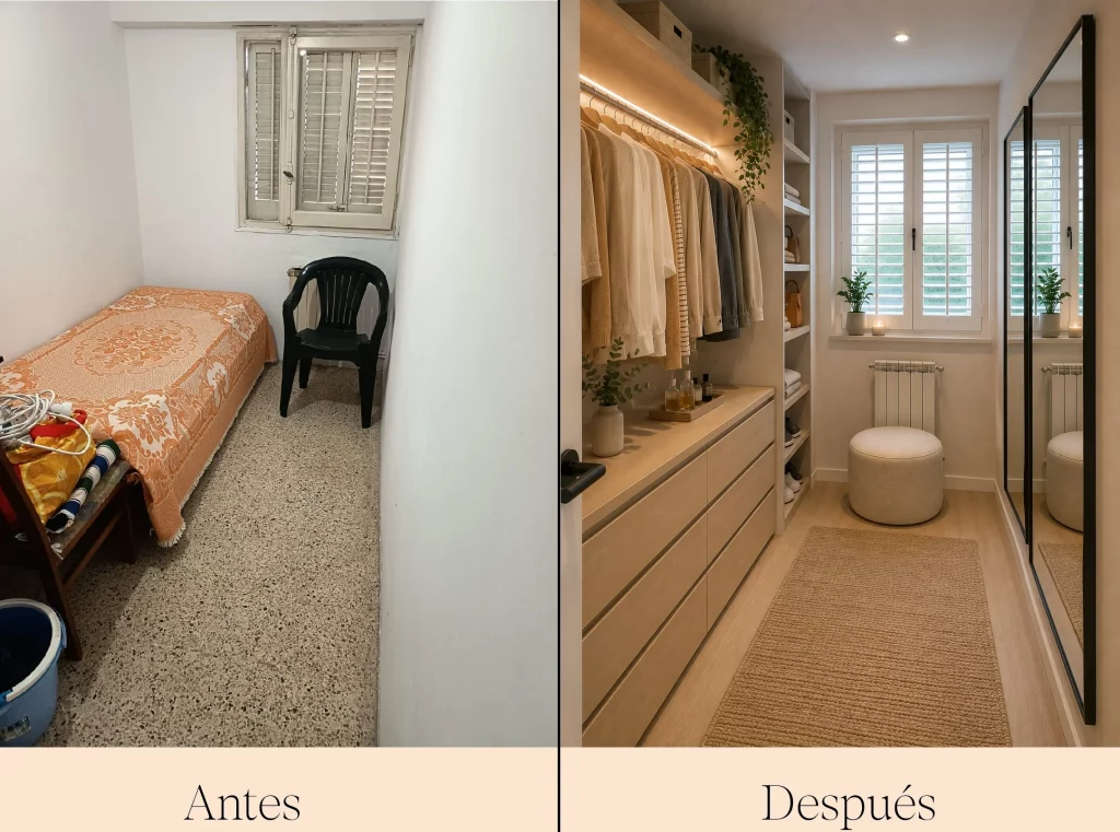 Estado actual y propuesta de transformacion de dormitorio pequeño a vestidor