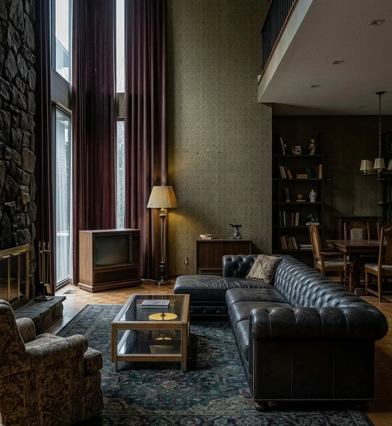 Antes: salón heredado de estilo antiguo, con sofá chester de cuero negro, pared de piedra y luz tenue